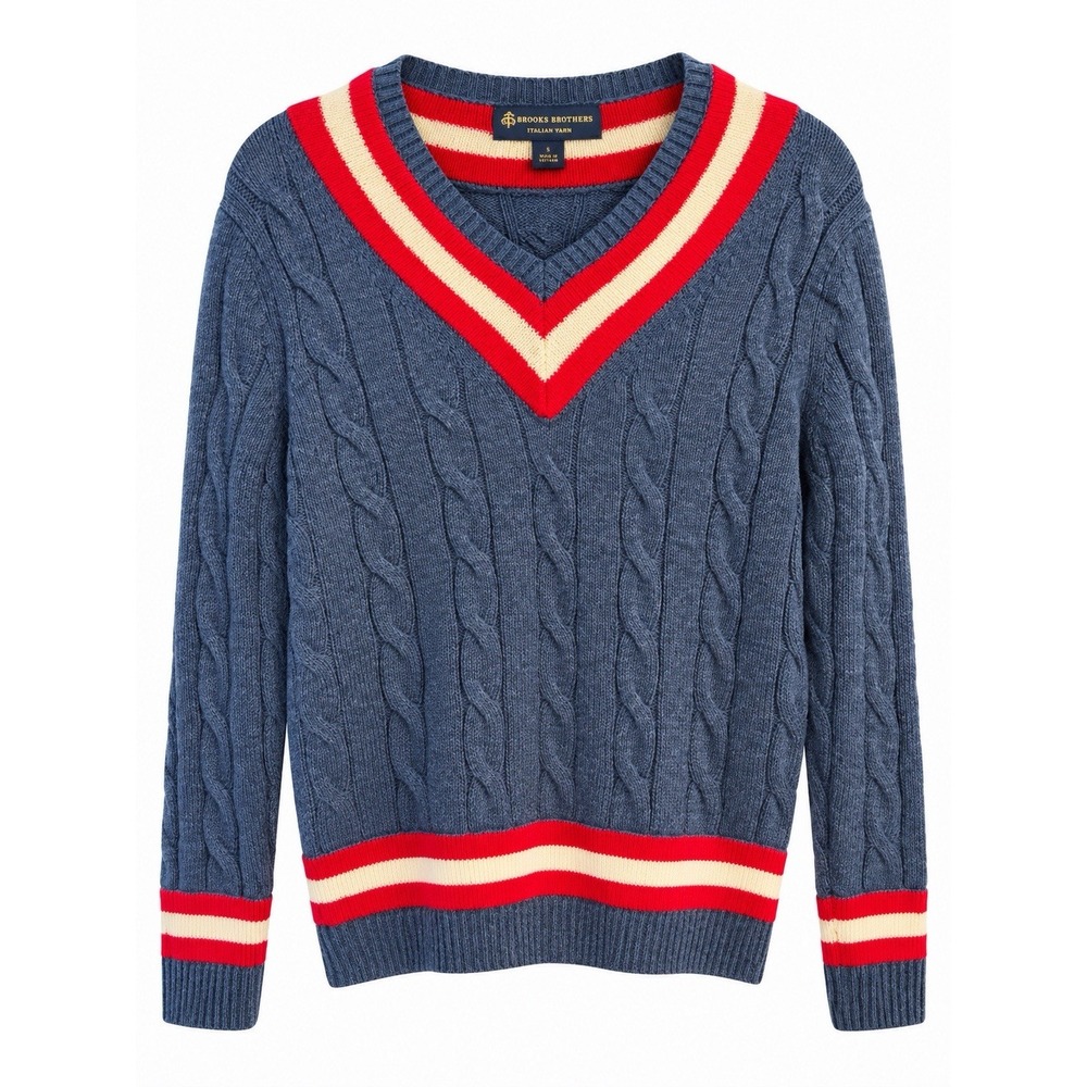 Brooks Brothers Wool Cable Knit Sweater S Varsity Preppy Cricket V Neck Stripe